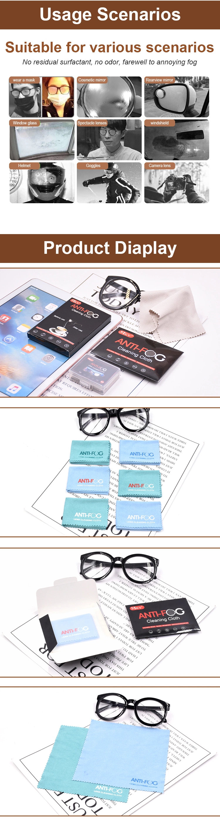 OEM Dry Antifog Microfiber Suede Lens Cleaning Cloth for Glasses, Reusable Anti Fog Wiping Cloth Custome